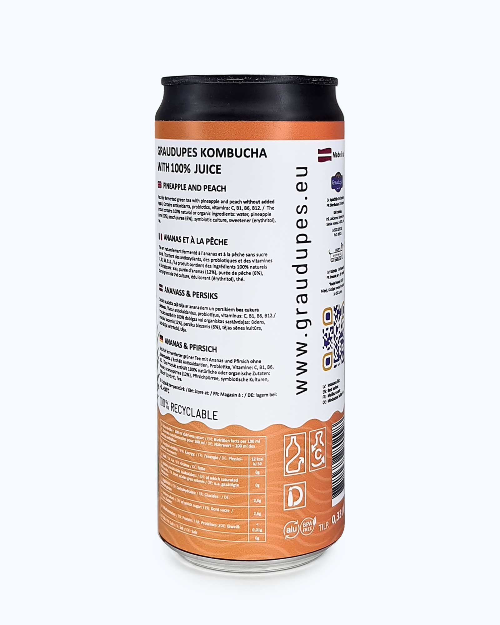 330ml can back side picture, Graudupes Pineapple & Peach Kombucha - Natural Fermented Tea Drink With Fruit Juice and Probiotics.