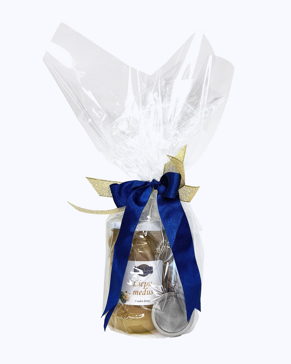 The "Tea Gift Set with Honey" includes a 25g tea blend, a metal tea mesh strainer, and a 400g jar of honey Package