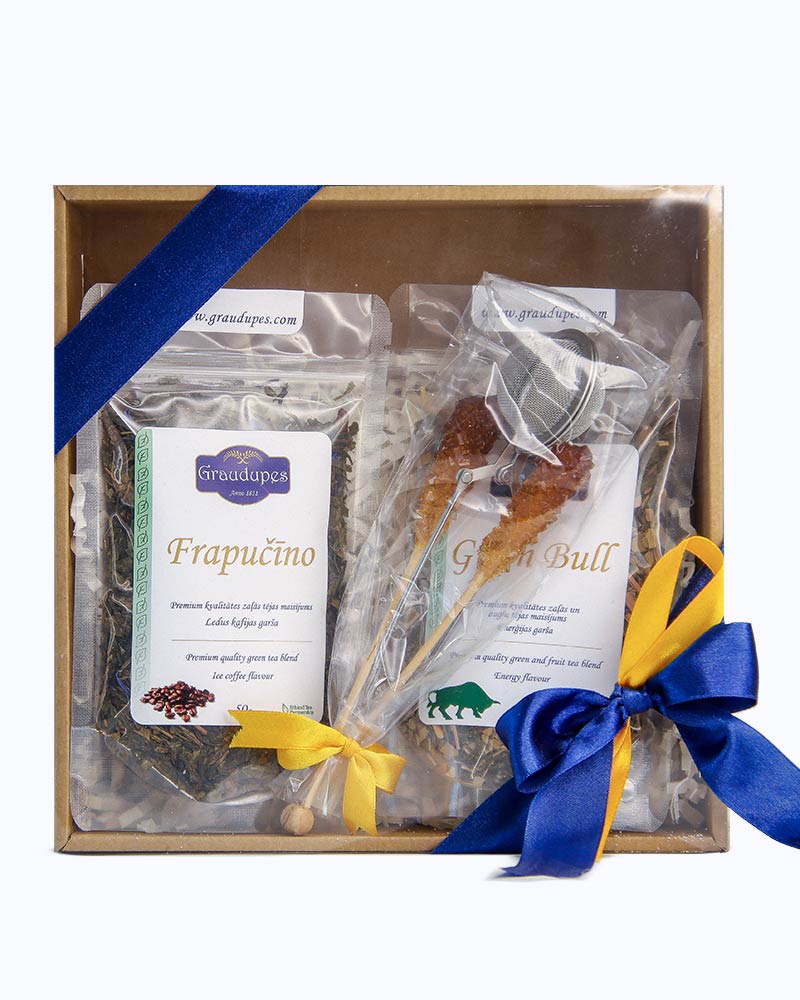 Tea Gift Set Enjoy"  featuring two 50g tea packets that the customer can select, two elegant sugar crystal sticks, and a premium tea mesh strainer Package | Graudupes