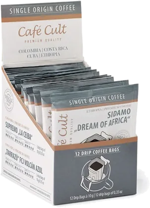 An open box of drip coffee bags in individual sachets