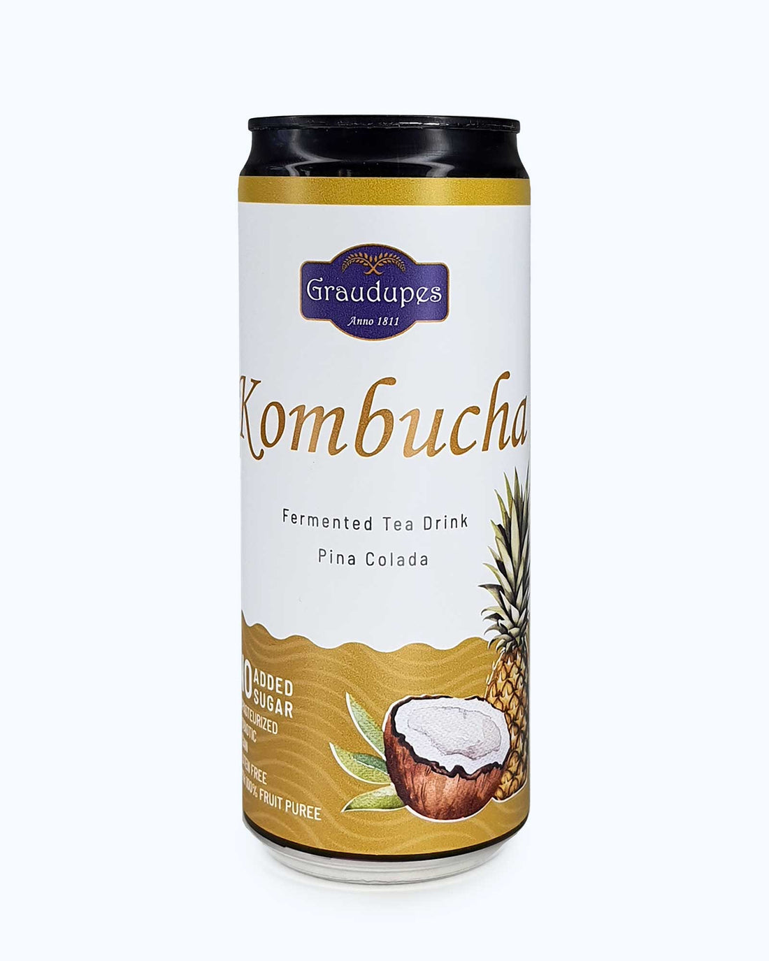 330ml can front side Graudupes Coconut & Pineapple Kombucha (Piña Colada) - Natural Fermented Tea Drink With Fruit Juice and Probiotics.