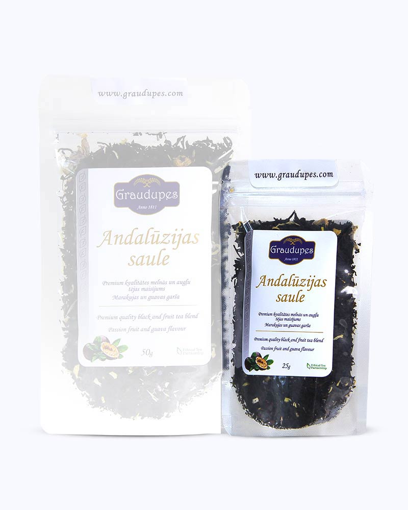 Packed loose leaf tea 50 gram size. Andalusian Sun, Graudupes Whole Leaf Black Tea Blend, Assam loose leaf tea with Passion fruit & Guava flavour.