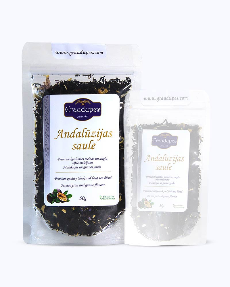 Packed loose leaf tea 50 gram size. Andalusian Sun, Graudupes Whole Leaf Black Tea Blend, Assam loose leaf tea with Passion fruit & Guava flavour.