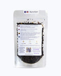 Packed tea in transparent doypack, back side. Andalusian Sun, Graudupes Whole Leaf Black Tea Blend, Assam loose leaf tea with Passion fruit & Guava flavour.