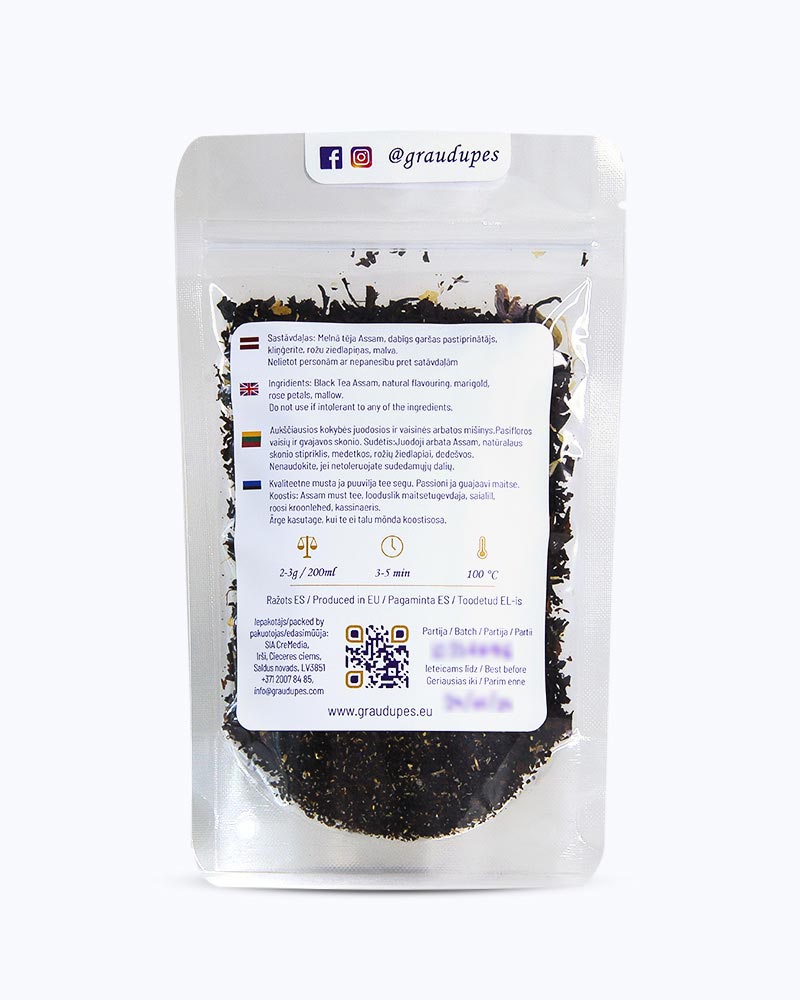 Packed tea in transparent doypack, back side. Andalusian Sun, Graudupes Whole Leaf Black Tea Blend, Assam loose leaf tea with Passion fruit & Guava flavour.