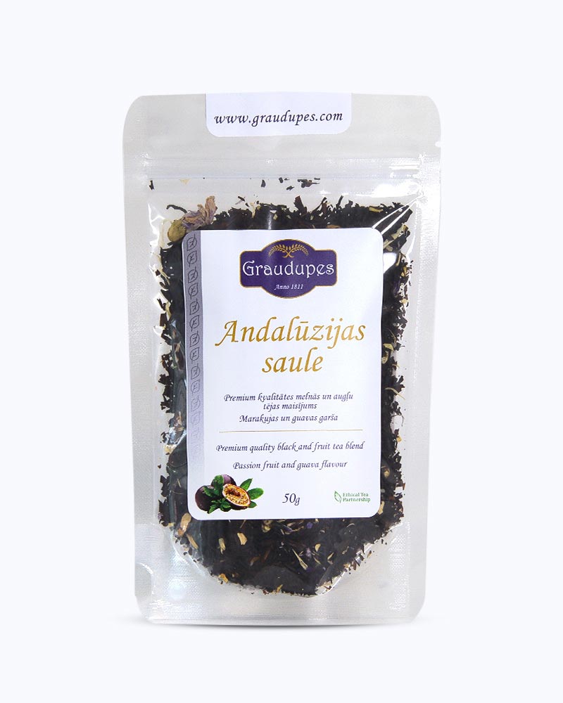 Packed tea in transparent doypack, front side. Andalusian Sun, Graudupes Whole Leaf Black Tea Blend, Assam loose leaf tea with Passion fruit & Guava flavour.