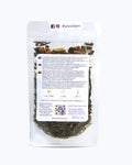 Packed tea in transparent doypack, back side. Banana Pudding, Graudupes Whole Leaf Green Tea Blend, Sencha Loose Leaf Tea with dried Apple and Banana Pieces.