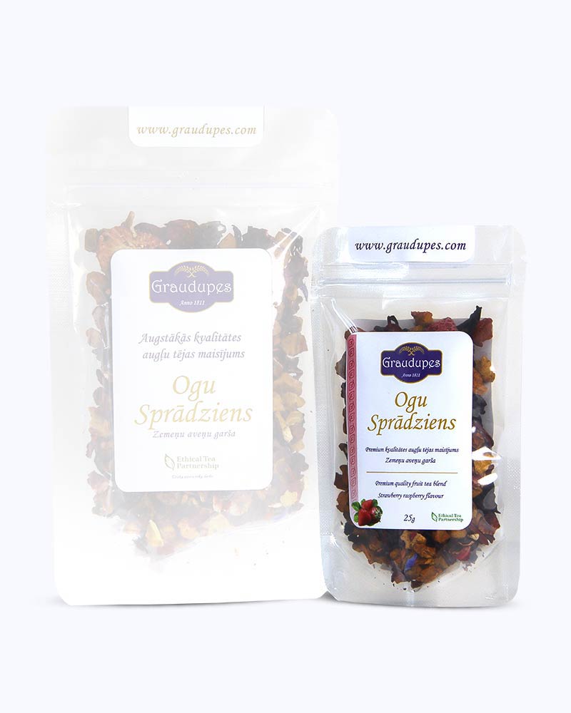 Packed loose leaf tea 25 gram size. Berry Blast, Graudupes Fruit and Berry Tea Blend, Loose leaf tea with Hibiscus, Strawberry and Raspberry pieces.
