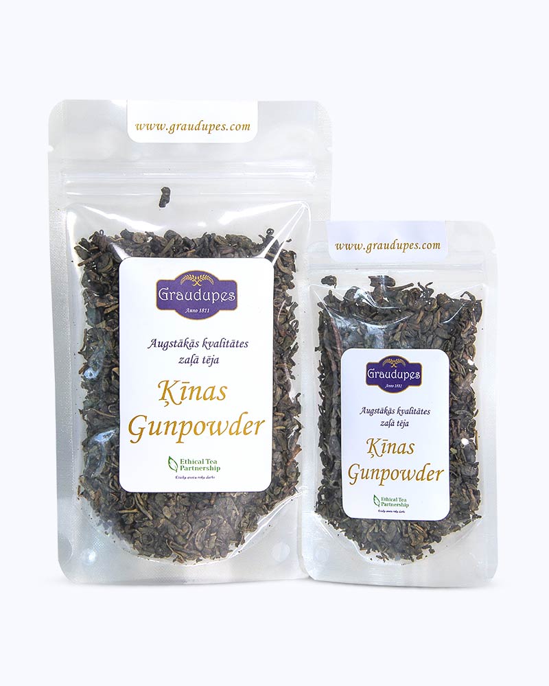 Packed tea two sizes large 50 grams and small 25 grams in transparent doypacks. China Gunpowder Tea, Graudupes Classic Green Tea, Premium Loose Leaf Green Tea.