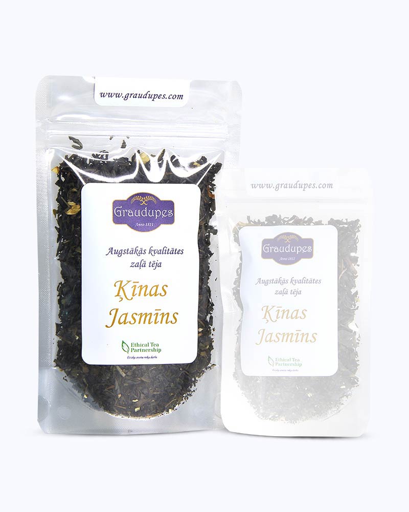 Packed loose leaf tea 50 gram size. China Jasmine Tea, Graudupes Classic Green Tea, Premium Loose Leaf Green Tea with Jasmine Flower Petals.