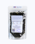 Packed tea in transparent doypack, back side. China Jasmine Tea, Graudupes Classic Green Tea, Premium Loose Leaf Green Tea with Jasmine Flower Petals.