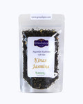 Packed tea in transparent doypack, front side. China Jasmine Tea, Graudupes Classic Green Tea, Premium Loose Leaf Green Tea with Jasmine Flower Petals.