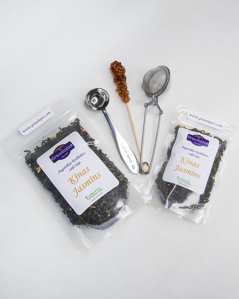 Packed tea with accessories: stainless steel tea mesh strainer, tea spoon measurement, sugar crystal stick.. China Jasmine Tea, Graudupes Classic Green Tea, Premium Loose Leaf Green Tea with Jasmine Flower Petals.