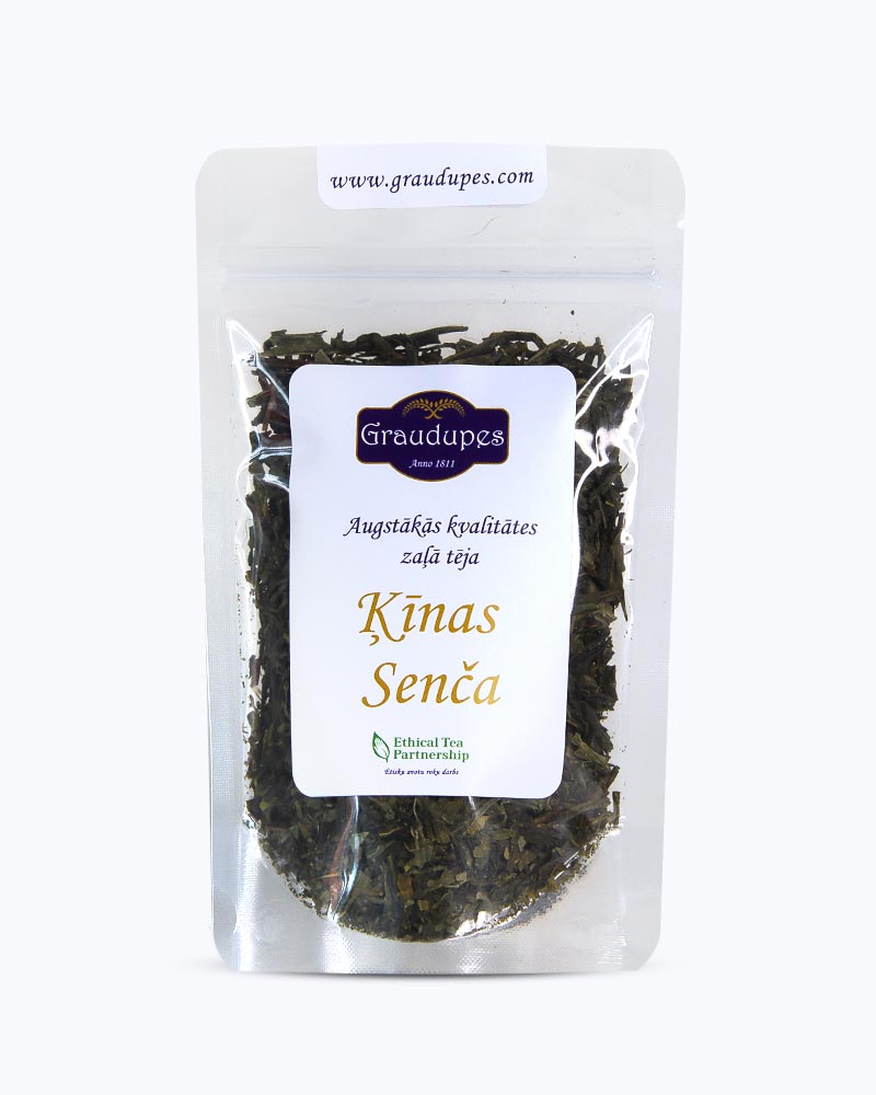 Packed tea in transparent doypack, front side. China Sencha Tea, Graudupes Classic Green Tea, Premium Loose Leaf Green Tea.