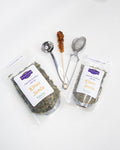 China Sencha Tea, Graudupes Classic Green Tea, Premium Loose Leaf Green Tea. Packed tea with accessories: stainless steel tea mesh strainer, tea spoon measurement, sugar crystal stick.
