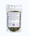 Packed tea in transparent doypack, back side. Cool Mango, Graudupes Whole Leaf Green Tea Blend, Sencha Loose leaf tea with Mango and Peppermint.