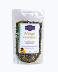 Packed tea in transparent doypack, front side. Cool Mango, Graudupes Whole Leaf Green Tea Blend, Sencha Loose leaf tea with Mango and Peppermint.