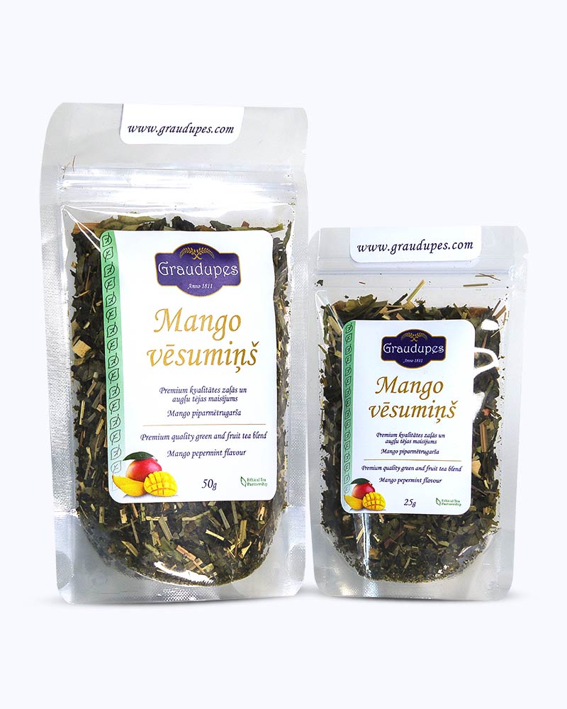 Cool Mango, Graudupes Whole Leaf Green Tea Blend, Sencha Loose leaf tea with Mango and Peppermint.