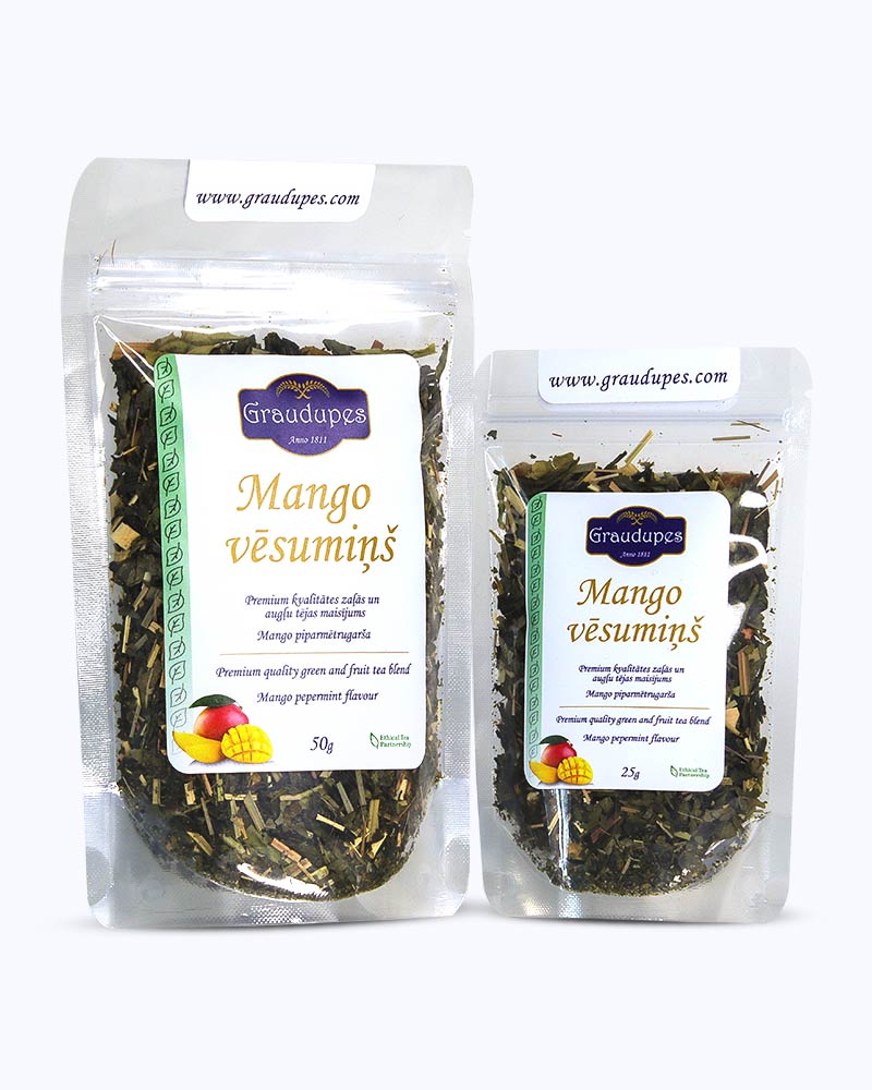 Packed tea two sizes large 50 grams and small 25 grams in transparent doypacks. Cool Mango, Graudupes Whole Leaf Green Tea Blend, Sencha Loose leaf tea with Mango and Peppermint.