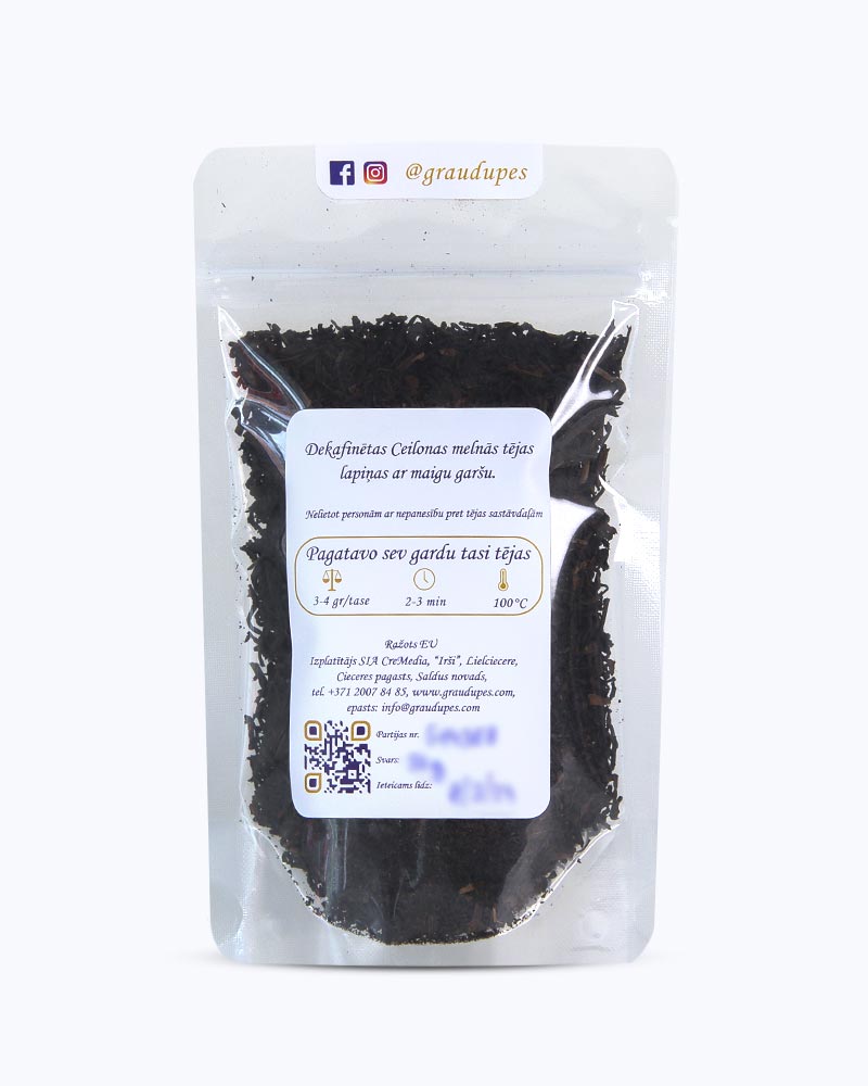 Packed tea in transparent doypack, back side. Ceylon Decaff, Graudupes decaffeinated black tea, whole leaf black tea Ceylon.