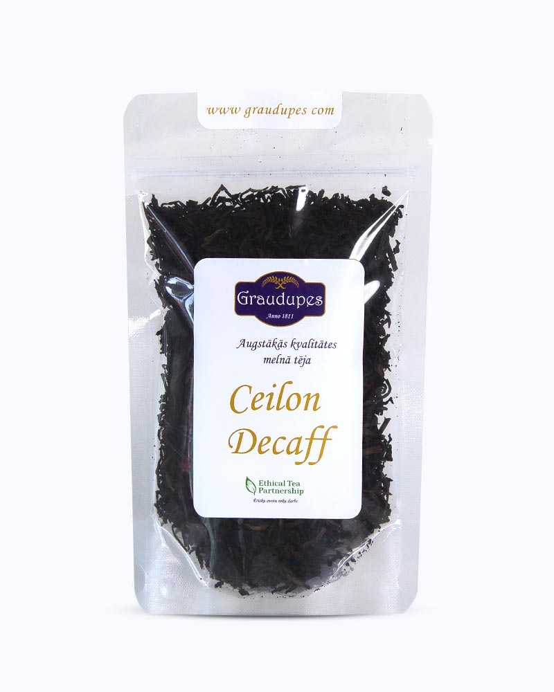 Packed tea in transparent doypack, front side. Ceylon Decaff, Graudupes decaffeinated black tea, whole leaf black tea Ceylon.