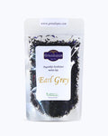 Packed tea in a transparent doypack front side. Earl Grey tea, Graudupes Ceylon, Assam, and Bergamot Tea Blend, premium Loose Leaf Black Tea.