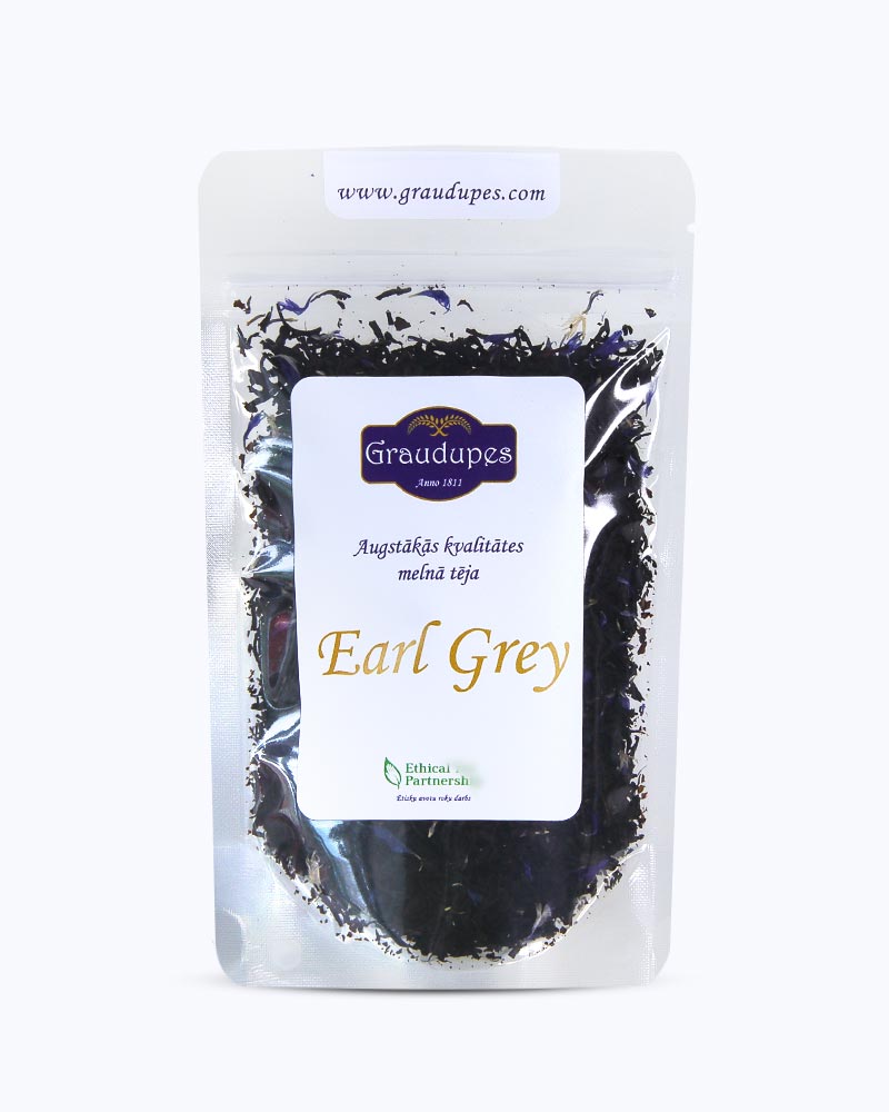 Packed tea in a transparent doypack front side. Earl Grey tea, Graudupes Ceylon, Assam, and Bergamot Tea Blend, premium Loose Leaf Black Tea.