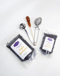 Packed tea with accessories: stainless steel tea mesh strainer, tea spoon measurement, sugar crystal stick.  Afternoon Tea, Graudupes Classic Darjeeling & Ceylon Tea Blend, premium loose leaf black tea.