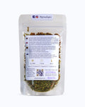 Packed tea in transparent doypack, back side. Evening Lullaby - Graudupes Natural Herbal Tea Blend, Loose leaf tea with Verbena, Tulsi, Valerian, Lady's Mantle and Orange. Calming Herbal Mix.
