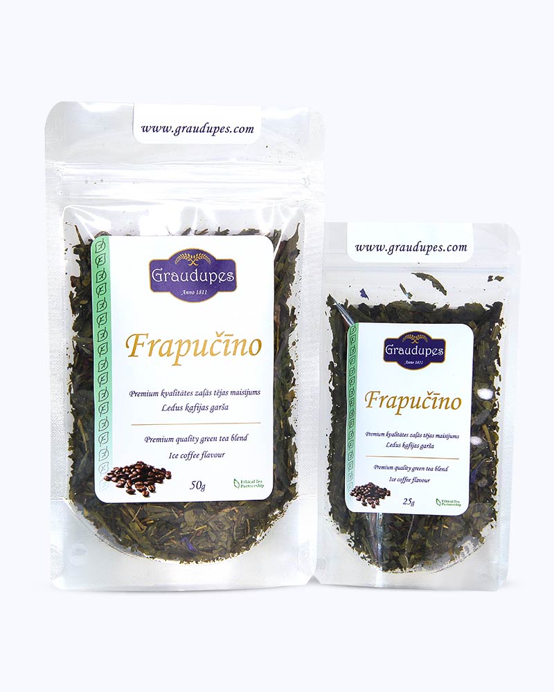 Packed tea two sizes large 50 grams and small 25 grams in transparent doypacks. Frappuccino, Graudupes Whole Leaf Green Tea Blend, Sencha Loose leaf tea with coffee and cocoa pieces, Iced Coffee and Cream Taste.