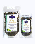 Packed tea two sizes large 50 grams and small 25 grams in transparent doypacks. Morning Melody, Graudupes Whole Leaf Green Tea Blend, Sencha loose leaf tea with rose petals, Mango and Bergamot Taste