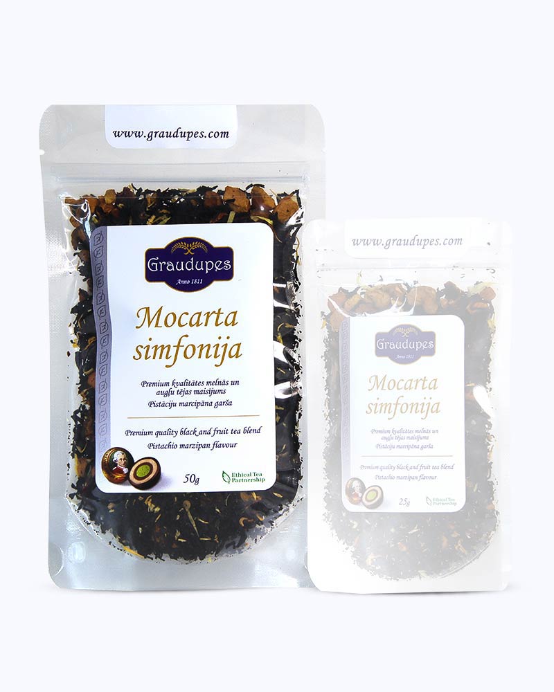 Packed loose leaf tea 50 gram size. Mozart’s Symphony, Graudupes Whole Leaf Black Tea Blend, Assam loose leaf tea with Marzipan.