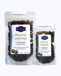 Packed tea two sizes large 50 grams and small 25 grams in transparent doypacks. Mozart’s Symphony, Graudupes Whole Leaf Black Tea Blend, Assam loose leaf tea with Marzipan.