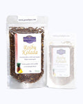 Packed loose leaf tea 50 gram size. Rooibo Colada, Graudupes Rooibos and Honeybush Tea Blend, Piña Colada Rooibos Mix, Loose leaf tea with coconut pieces and dried pineapple.