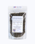 Packed tea in transparent doypack, back side. Sencha Decaf, Graudupes decaffeinated green tea sencha, whole leaf green tea.