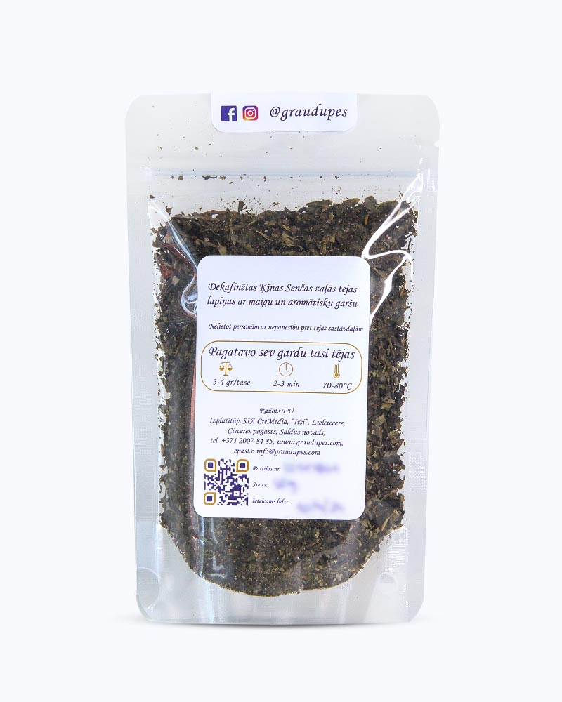 Packed tea in transparent doypack, back side. Sencha Decaf, Graudupes decaffeinated green tea sencha, whole leaf green tea.