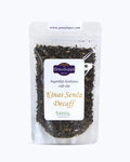 Packed tea in transparent doypack, front side. Sencha Decaf, Graudupes decaffeinated green tea sencha, whole leaf green tea.