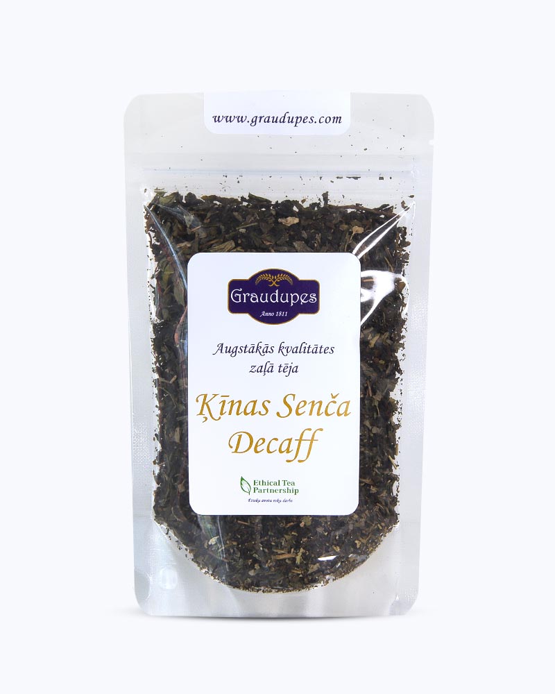 Packed tea in transparent doypack, front side. Sencha Decaf, Graudupes decaffeinated green tea sencha, whole leaf green tea.