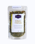 Packed tea in transparent doypack, front side. Stomach Elixir, Graudupes Natural Herbal tea blend, Loose leaf tea with Stomach Settling Herbs Mix.