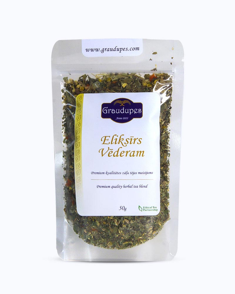 Packed tea in transparent doypack, front side. Stomach Elixir, Graudupes Natural Herbal tea blend, Loose leaf tea with Stomach Settling Herbs Mix.