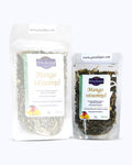 Packed loose leaf tea 25 gram size. Cool Mango, Graudupes Whole Leaf Green Tea Blend, Sencha Loose leaf tea with Mango and Peppermint.