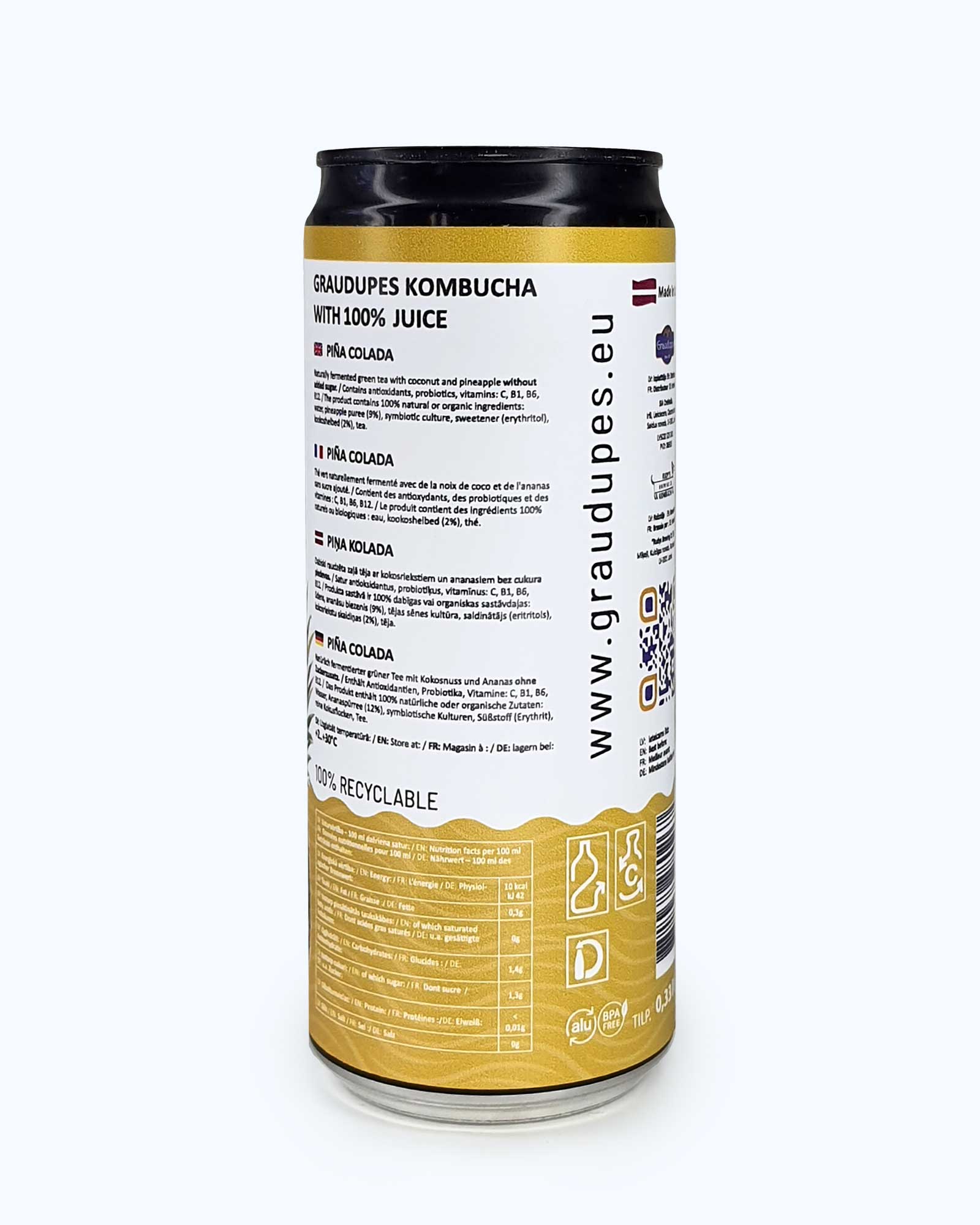 330ml can back side Graudupes Coconut & Pineapple Kombucha (Piña Colada) - Natural Fermented Tea Drink With Fruit Juice and Probiotics.