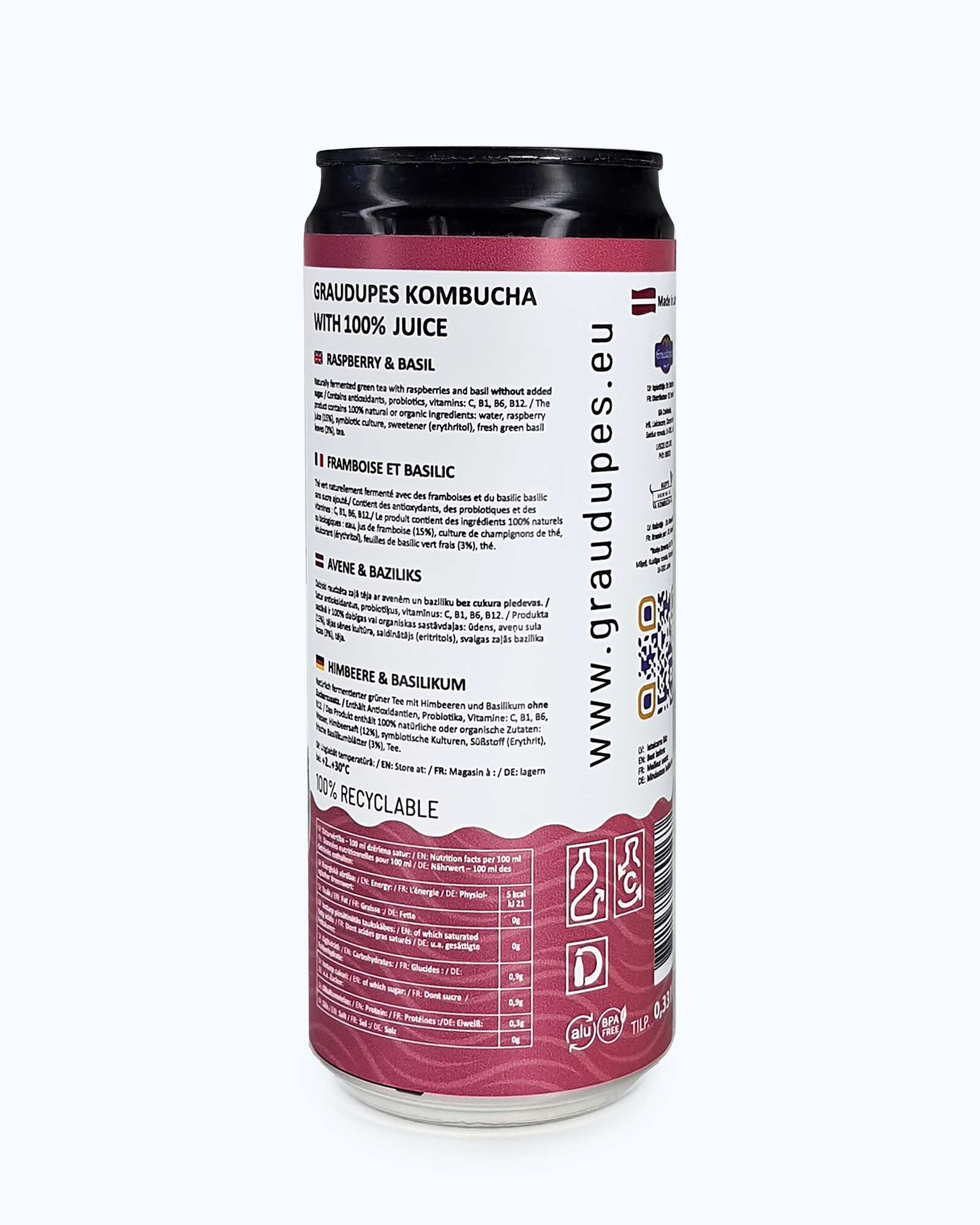 330ml can back side picture, Graudupes Raspberry & Basil Kombucha - Natural Fermented Tea Drink With Fruit Juice and Probiotics.