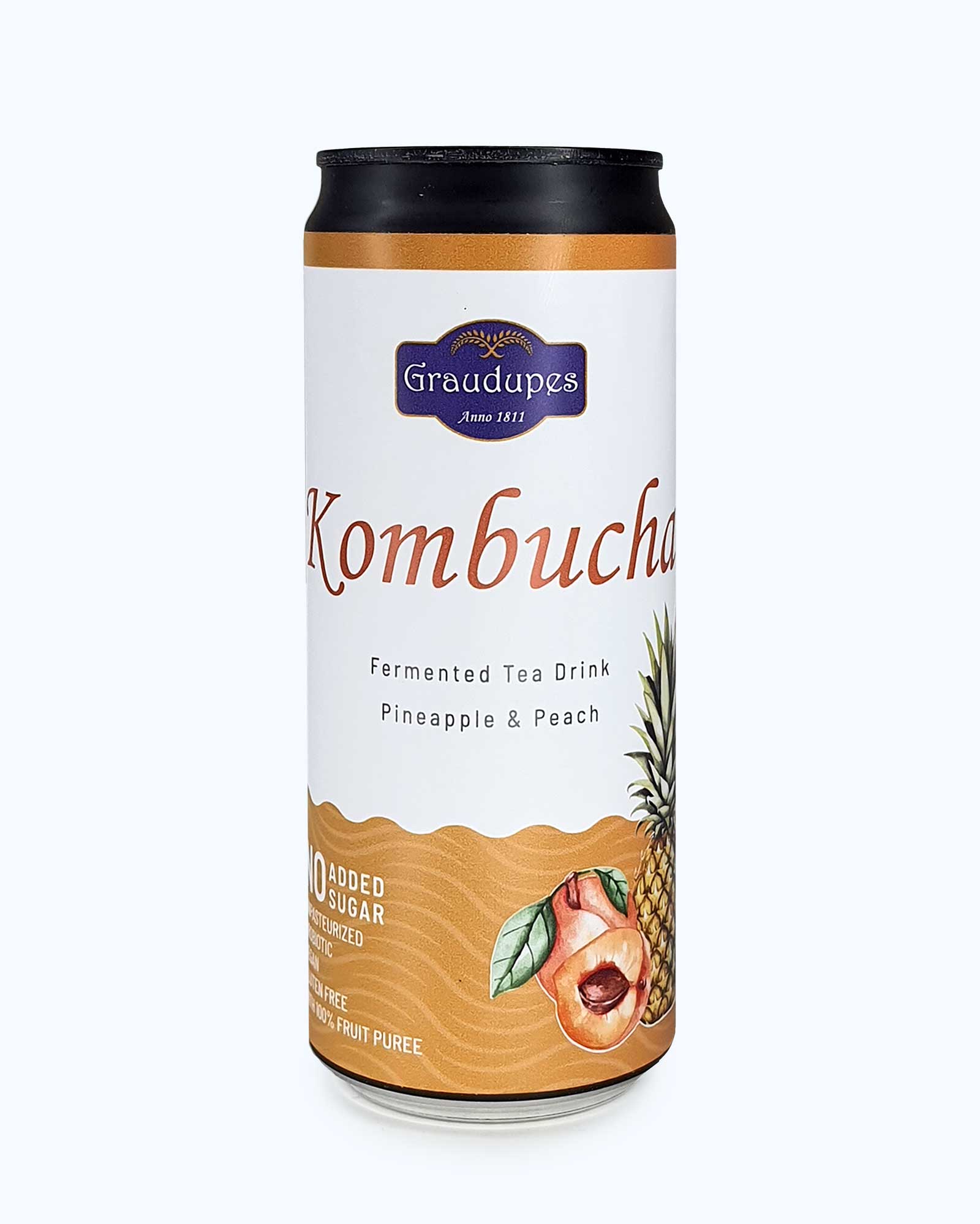 330ml can front side picture, Graudupes Pineapple & Peach Kombucha - Natural Fermented Tea Drink With Fruit Juice and Probiotics.