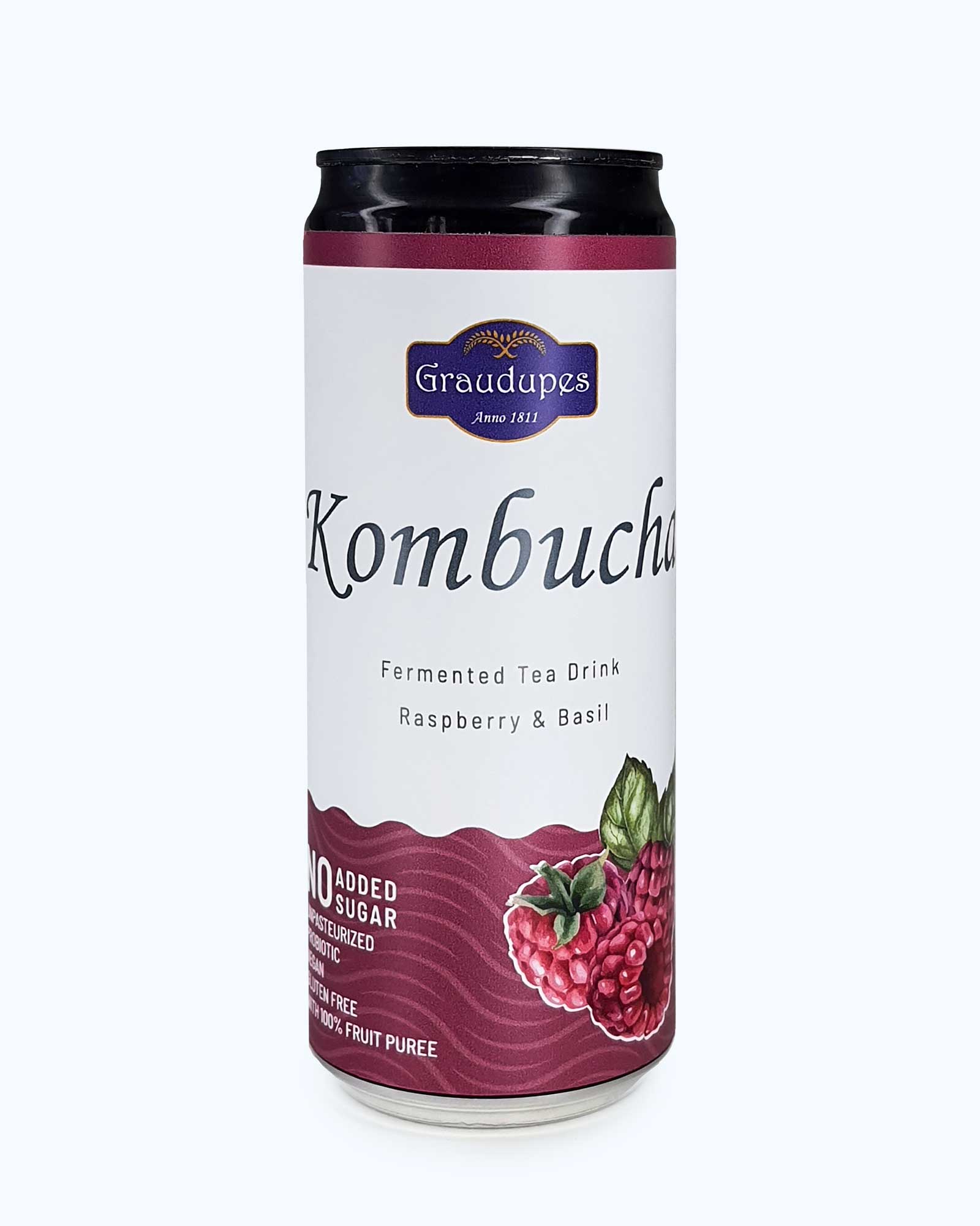 330ml can front side picture, Graudupes Raspberry & Basil Kombucha - Natural Fermented Tea Drink With Fruit Juice and Probiotics.