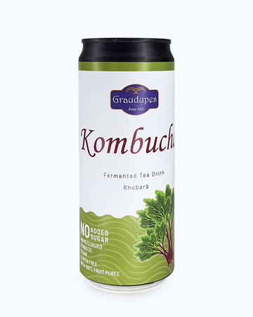330ml can front side Graudupes Rhubarb Kombucha  - Natural Fermented Tea Drink With Fruit Juice and Probiotics.