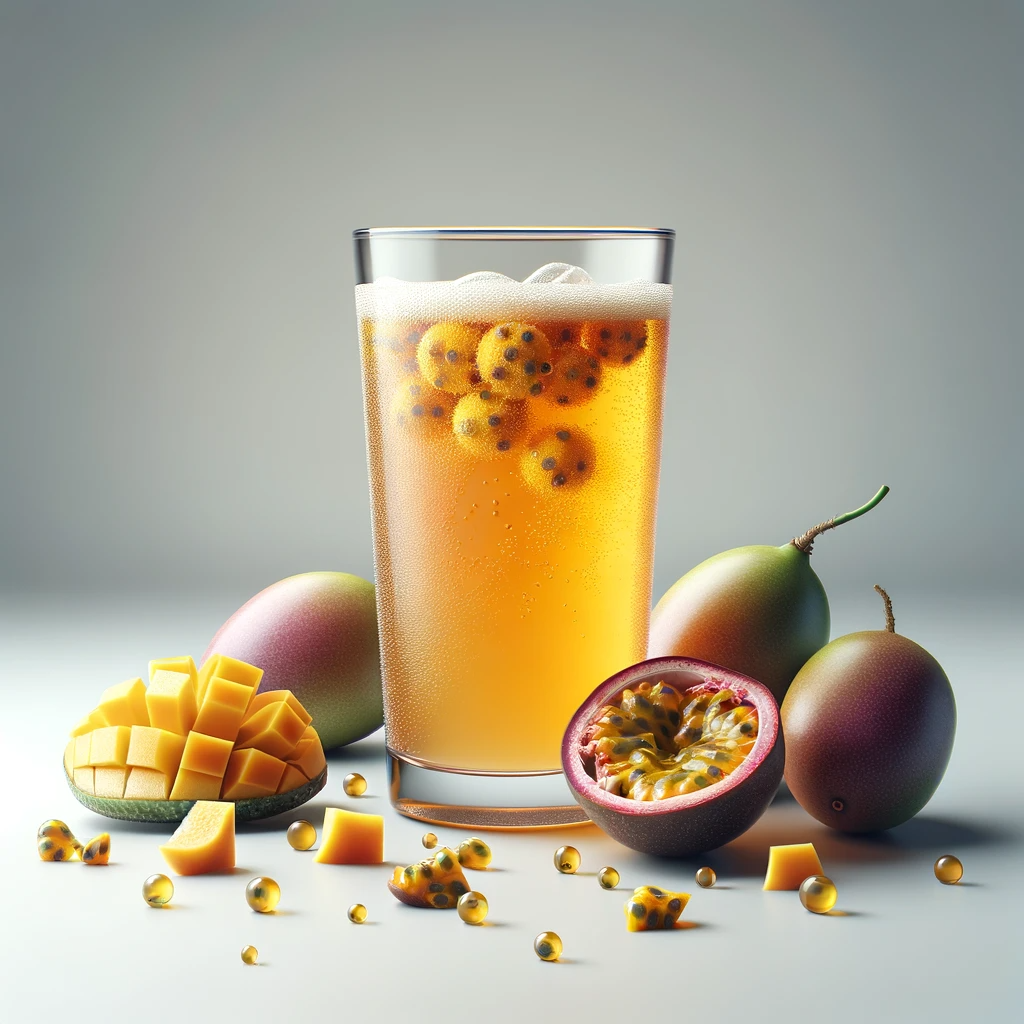 Mango- und Passionsfrucht-Kombucha – natürliches fermentiertes Teegetränk mit Fruchtsaft und Probiotika 