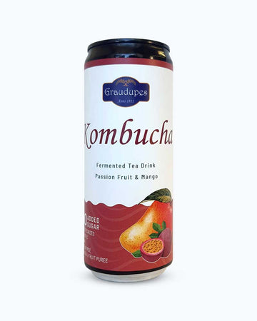 Mango- und Passionsfrucht-Kombucha – natürliches fermentiertes Teegetränk mit Fruchtsaft und Probiotika 