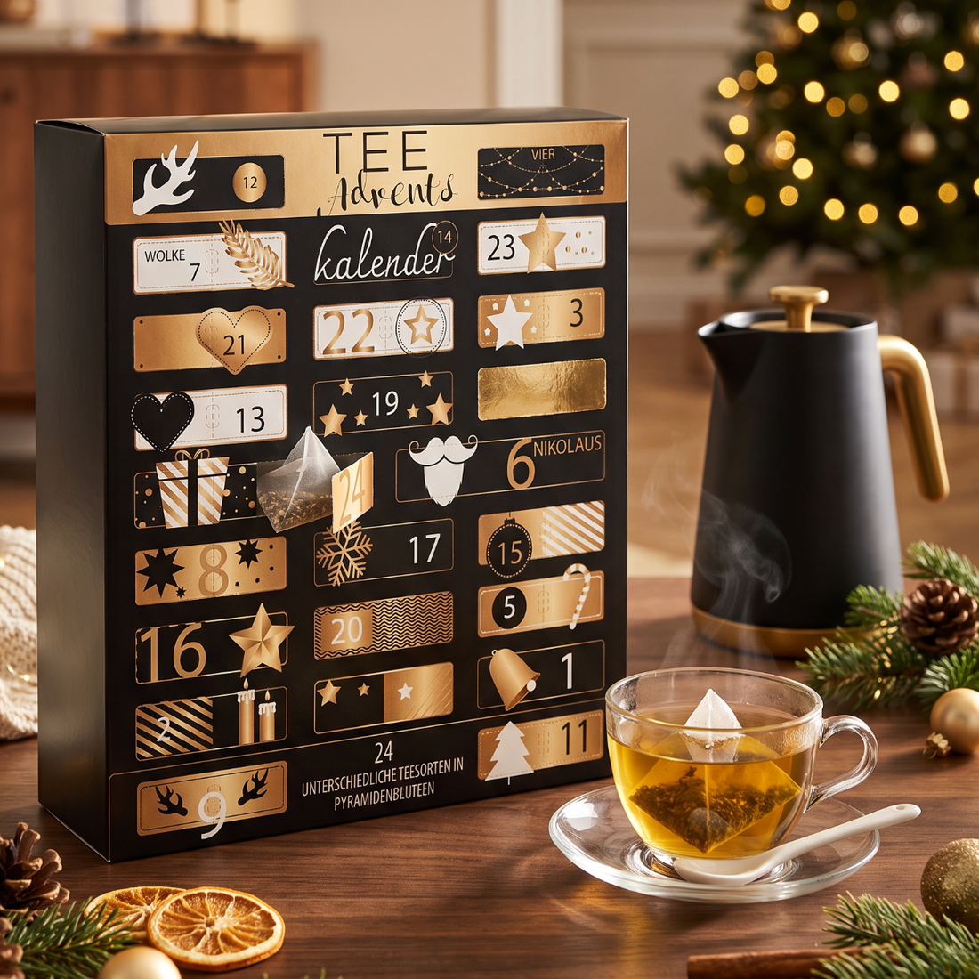 XL Tea Advent Calendar Golden Christmas by Graudupes, gold box with 24 numbered doors