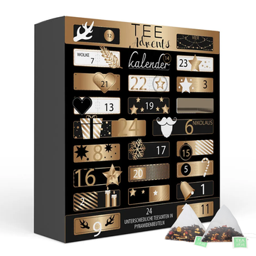 XL Tea Advent Calendar Golden Christmas by Graudupes, gold box with 24 numbered doors